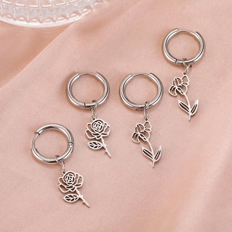Boucles D'oreilles Créoles En Acier Inoxydable Pour Femmes Fleurs De Naissance Douces Pastorales Avec Charmes Floraux
