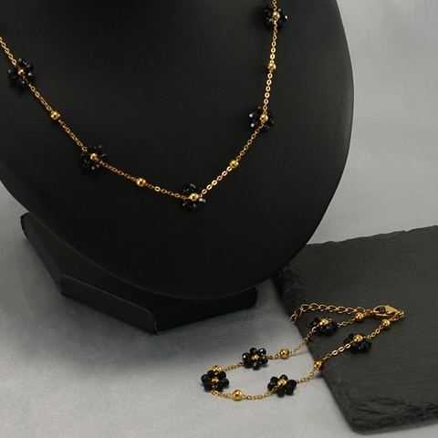 Crystal Flower Necklace And Bracelet 18K Gold Plated Stainless Steel Bohemian Floral Jewelry For Women