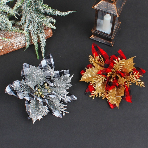 Artificial Plaid Christmas Poinsettia Flowers Glitter Edge Fabric Plastic Festive Tree Hanging Decor Ornament