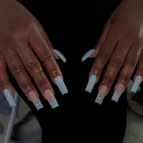 Uñas Postizas Press On Largas Forma Ataúd Azul Claro French Tip Degradado Brillante Para Mujeres Manicura DIY