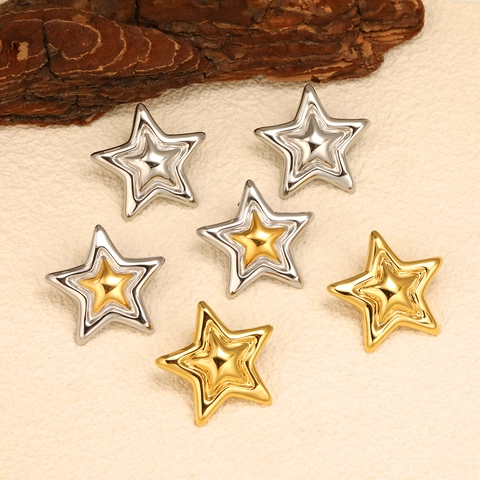 Star Earrings Stainless Steel 18K Gold Plated Layered Pentagram Nested Two Tone Vintage Ins Style Women