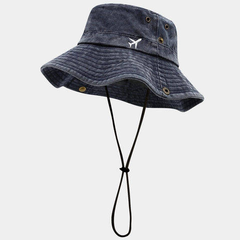 Vintage Washed Cotton Bucket Hat With Airplane Embroidery Adjustable Windproof Rope Outdoor Sun Protection Sun Hat