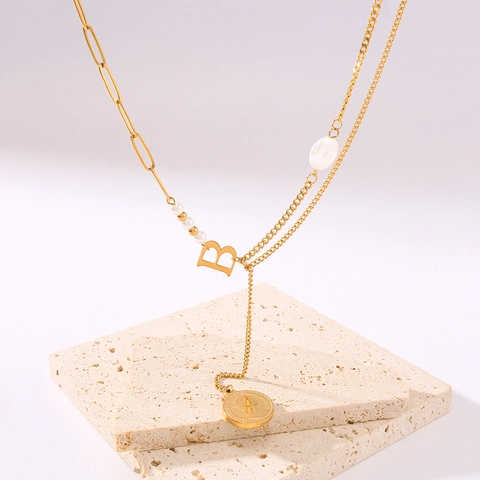 Women Layered Necklace Titanium Steel 18K Gold Plated With Artificial Pearl Letter B And Portrait Coin Pendant Retro Fashion