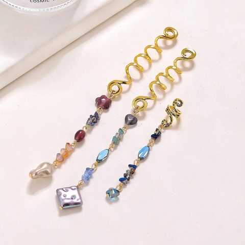 Braid Rings Hair Spirals Gold Alloy With Natural Stone Crystal Pendant Boho Ethnic Dreadlock Accessories For Women