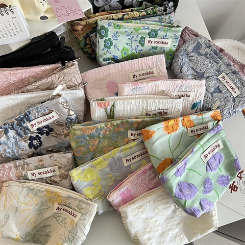 Borsa Per Cosmetici Floreale Goffrata Francese Tessuto Jacquard Pochette Trucco Portatile Vintage Cerniera Da Viaggio