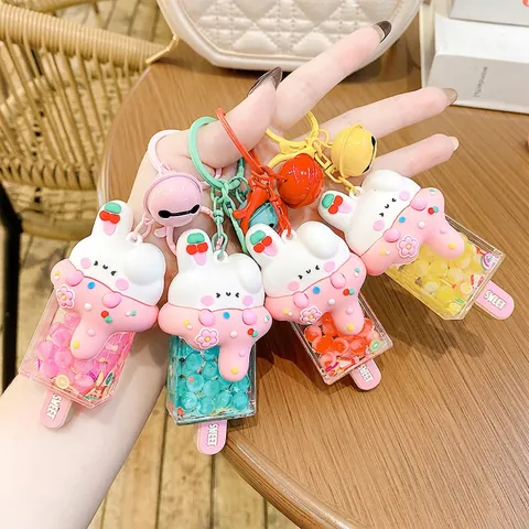 Rabbit Eiscreme Popsicle Schlüsselanhänger Acryl PVC Harz Anhänger Mit Glocke Perlen Quicksand Shaker Tasche Charm