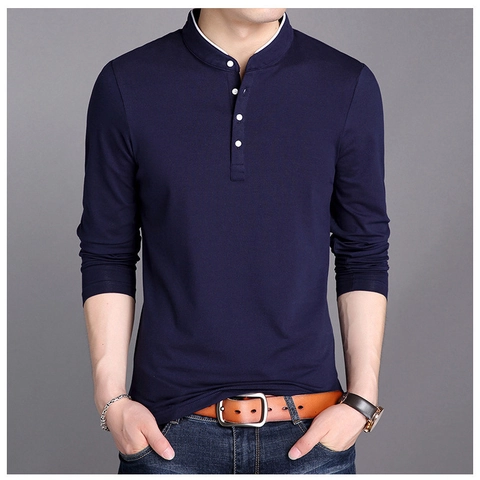 Men Long Sleeve Henley Shirt Cotton Slim Fit Stand Collar Solid Color Business Casual Fashion T-Shirt