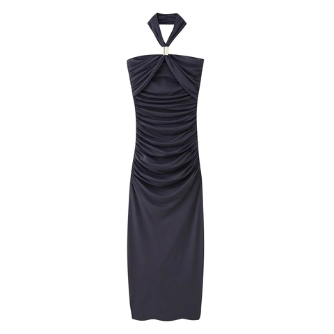 Halterneck Maxikleid Gerafft Schmale Passform Ärmellos Polyester Abendparty Bodycon Mit Metallring Eleganter Stil Damen