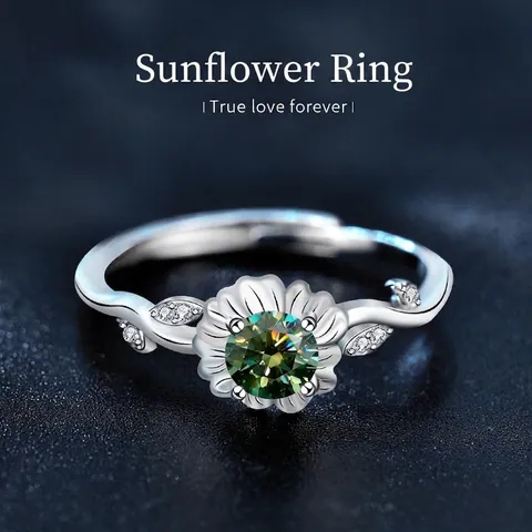 925 Sterling Silver Sunflower Open Ring For Women Vintage Green Emerald White Champagne Moissanite Rhinestone Adjustable Finger Jewelry