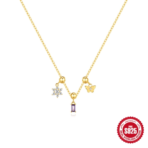 Halskette Aus 925 Sterlingsilber Mit Abnehmbaren Schmetterling Blumen Lila Zirkon Anhängern Vergoldet Verstellbar Damen