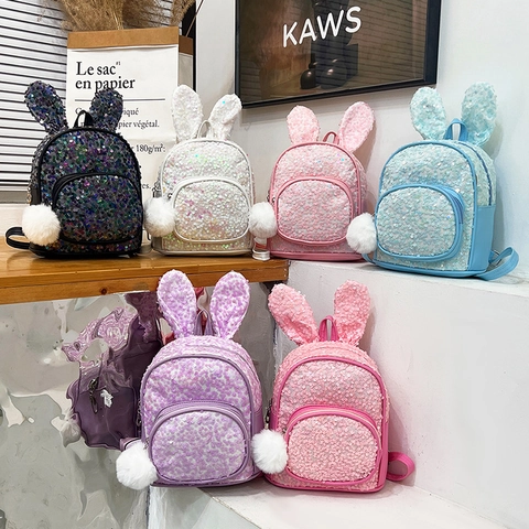 Kids Backpack Sequin Rabbit Ears Pom Pom Pendant Mini Cute PU Leather School Bookbag Small Daypack For Girls Travel