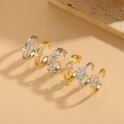 Geometric Copper Cubic Zirconia Adjustable Open Rings Cross OT Buckle Sun Eye Crown Luxury Jewelry For Women