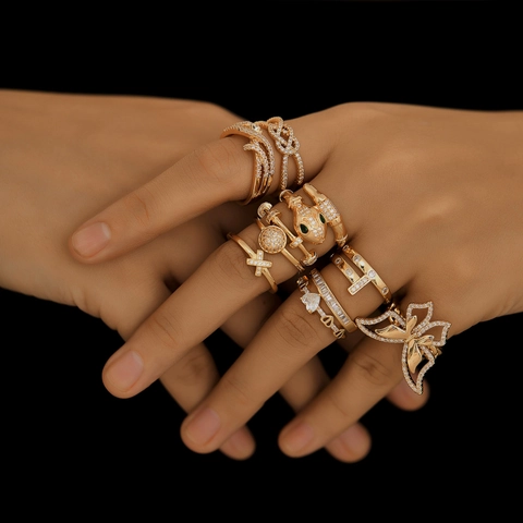 Adjustable Open Ring Copper Zircon Gold Plated Heart Snake Butterfly Design Fashion Jewelry For Women