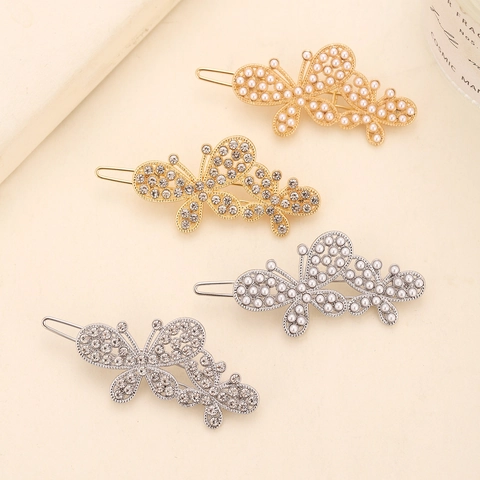 Pinza Para El Pelo Mariposa Aleación Hueca Diamantes De Imitación Perla Artificial Falsa Elegante Horquilla Accesorios Mujer