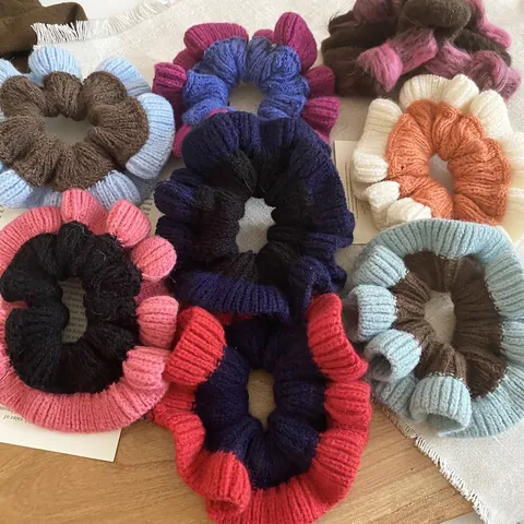 Knitted Woolen Yarn Hair Scrunchies Color Block Ruffled Pleated Elastic Hair Ties Autumn Winter Headwear For Women