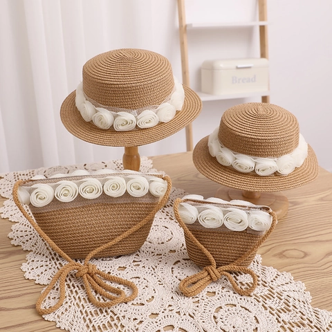Lace Rose Strohoed En Tas Platte Boater Zonnehoed Ademende Papieren Stro Strandhoed Voor Kinderen Vrouwen Zomervakantie