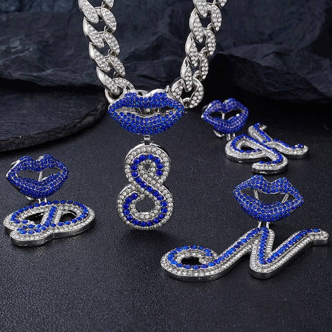 Collana Con Pendente Lettera Alfabeto Lega Iced Out Rhinestone Labbro Blu Catena Cubana Gioielli Hip Hop Donna