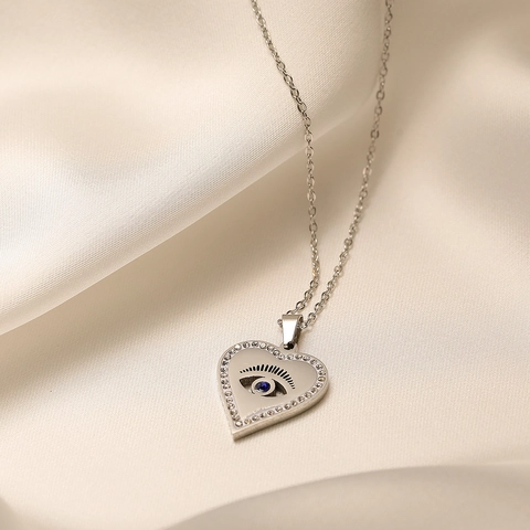 Heart Evil Eye Pendant Necklace Titanium Steel With Zircon Fashion Jewelry For Women Simple Niche Design