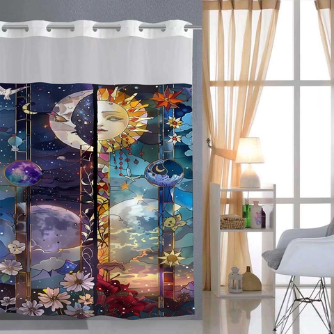 Hookless Waterproof Polyester Shower Curtain With Mesh Window And Detachable Liner Waffle Texture Artistic Printing