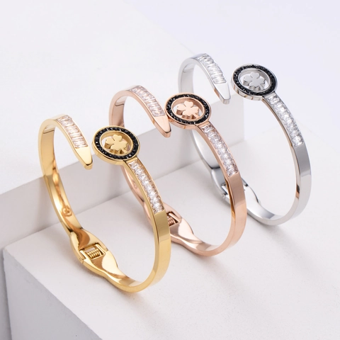 Bracciale Rigido Quadrifoglio Acciaio Inossidabile 316 Con Zirconi Baguette Gioielli Di Moda Per Donna
