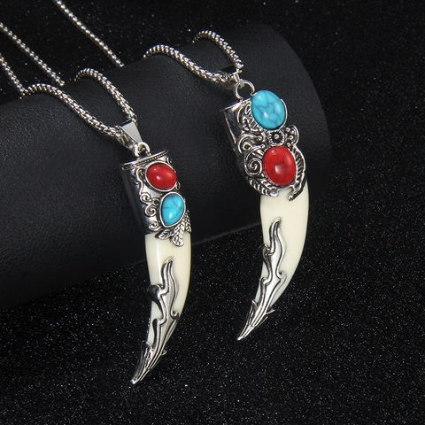 Wolf Tooth Pendant Necklace With Stainless Steel Chain Alloy Acrylic Faux Turquoise Tribal Ethnic Retro Style Unisex