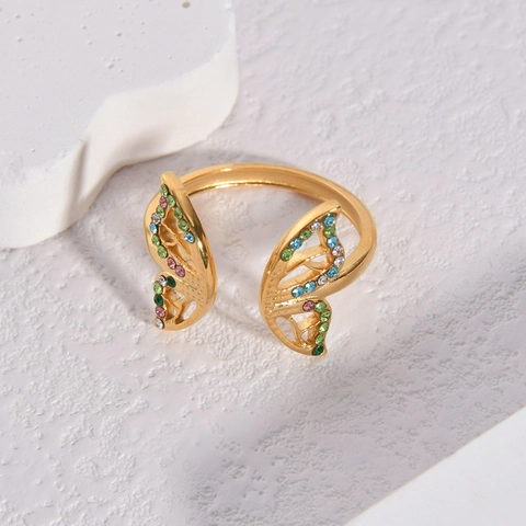 Vintage Vergulde Roestvrijstalen Vlinder Open Ring Multi Color Zirkoon Verstelbare Vingerband Voor Dames Elegante Sieraden