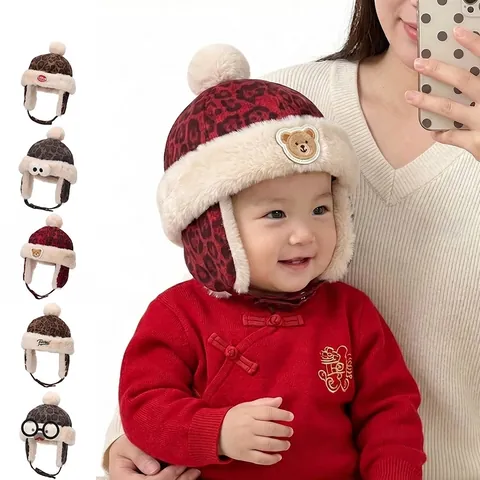 Kinder Winter Ohrenschützer Hut Leopard Druck Kunstpelz Bommel Warm Winddicht Kleinkinder Fliegermütze