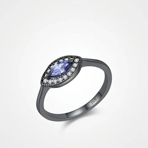 Vintage Ring Aus 925 Sterlingsilber Marquise Tansanit Lila Zirkonia Schwarz Vergoldet Goth Schmuck Für Damen