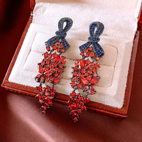 Vintage Bowknot Long Tassel Drop Earrings Copper Zircon Luxury Jewelry For Women With Silver Earring Post