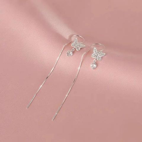 Boucles D'oreilles Traversantes Papillon En Argent Fin 925 Zircone Longs Glands Bijoux D'oreilles Élégants Pour Femmes