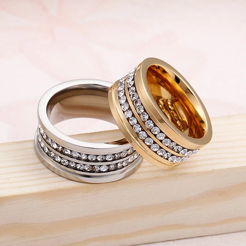 Bague En Acier Inoxydable Zircone Double Rangée Mode Bande Large Promesse Couple Bijoux Mariage Femmes Hommes