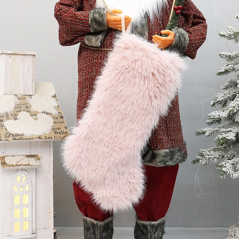 Calze Di Natale In Pelliccia Sintetica Ornamenti Appesi Peluche Morbido Sacchetti Regalo Decorazioni Albero Rosa Bianco