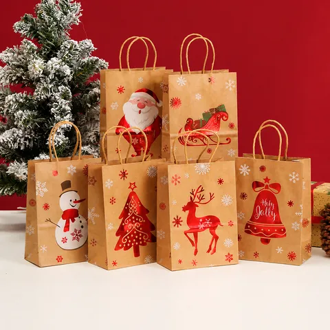 Sacchetti Regalo in Carta Kraft di Natale Motivo Renna Fiocco di Neve Stampa a Caldo Oro Borsa Tote per Confezioni Festa Natalizia