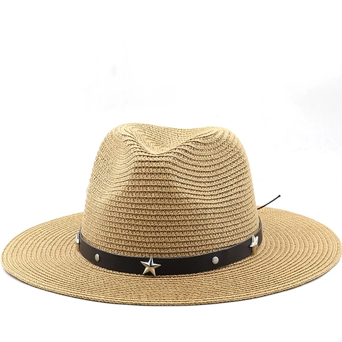 Sombrero De Paja Fedora Vaquero Ala Ancha Protección Solar Banda Cuero Remaches Estrella Vintage Unisex