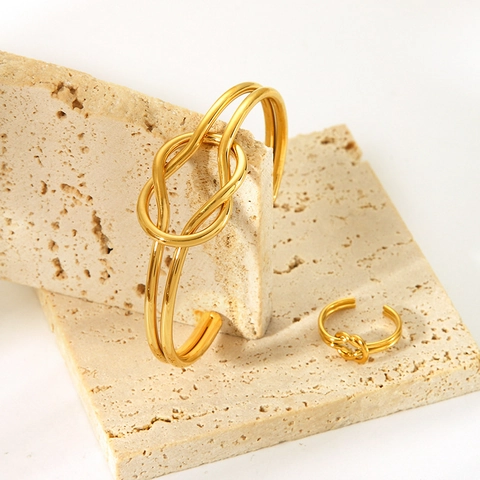 18K Vergoldeter Edelstahl Doppelschicht Knoten Offener Ring Und Knoten Armreif Minimalistischer Modeschmuck Geschenk Für Damen