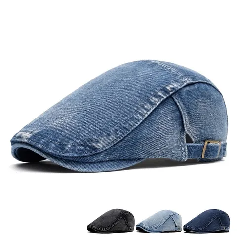 Vintage Gewassen Denim Platte Pet Verstelbare Katoenen Baret Distressed Ivy Newsboy Cap Voor Dames Heren