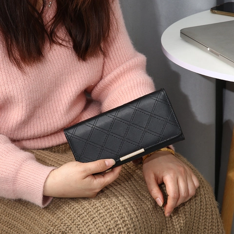 Long Wallet Women PU Leather Quilted Rhombus Stitching Large Capacity Folding Clutch Purse Metal Bar Decoration