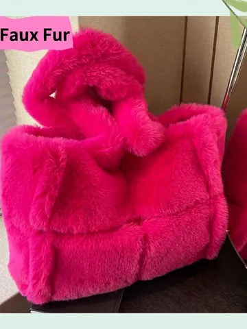 Damen Plüsch Kunstpelz Tragetasche Große Kapazität Gewebtes Schachbrettmuster Handtasche Für Herbst Winter