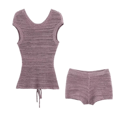 Women Knitted Sleeveless V-Neck Drawstring Top And Matching Shorts Streetwear Casual Summer Solid Color Lounge Outfit