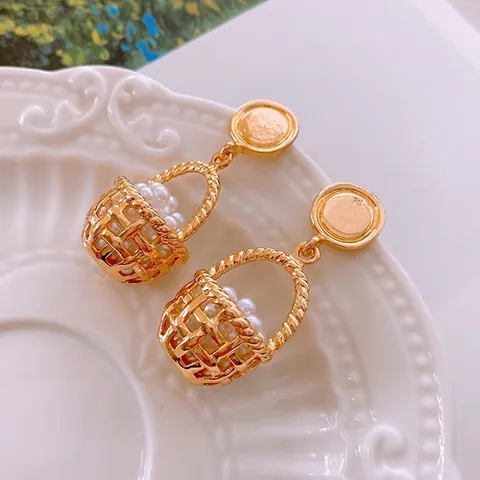 French Vintage Golden Woven Basket Drop Earrings With Artificial Pearl And Silver Earring Post For Women