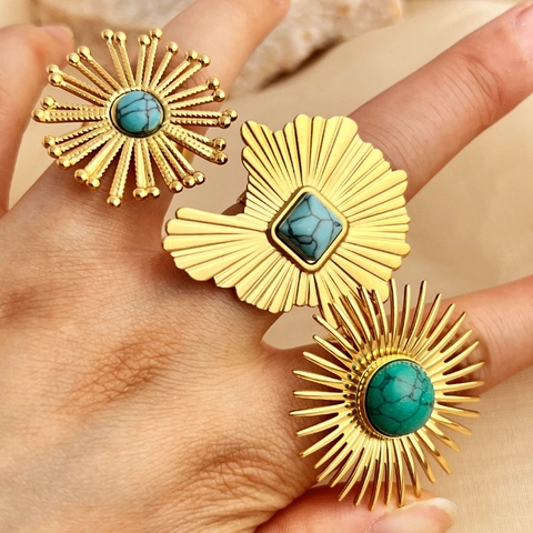 Böhmischer Sonnenstrahl Ring Edelstahl Vergoldet Türkis Verstellbar Offenes Band Vintage Ethno Schmuck Für Damen