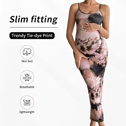 Umstandskleid Maxi Tie Dye Print U-Ausschnitt Ärmellos Rückenfrei Slim Fit Polyester Elasthan Bodycon