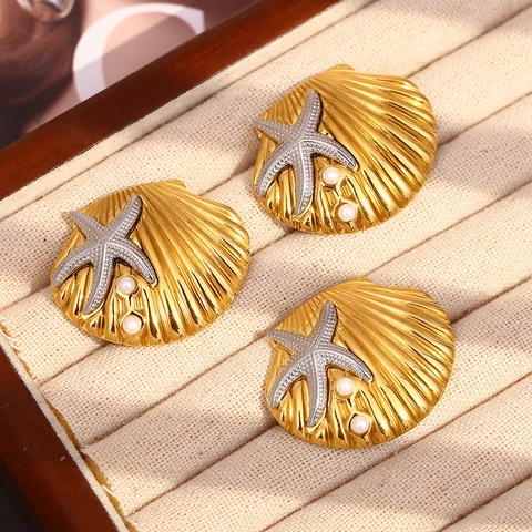 Orecchini A Lobo Conchiglia Stella Marina Acciaio Inossidabile Placcato Oro 18K Con Perla Artificial Tema Oceano Per Donna