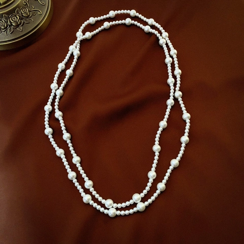 Vintage Long Faux Artificial Pearl Beaded Necklace For Women Double Layer Multilayer Elegant Retro Sweater Chain Accessory