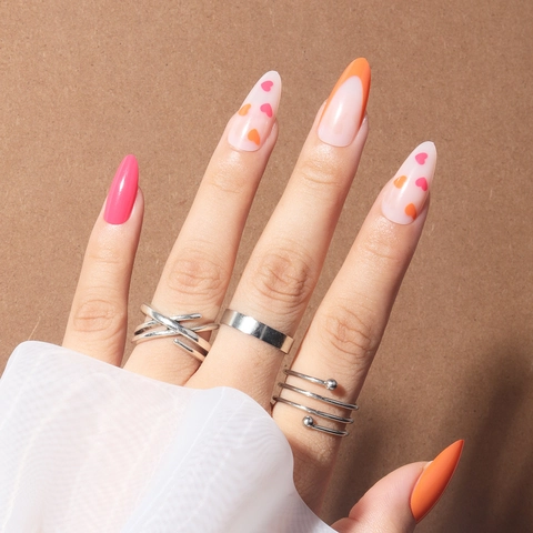 French Tip Press On Nails Mandelform Orange Und Pink Glänzend Herzmuster Künstliche Nägel Für Frauen Maniküre