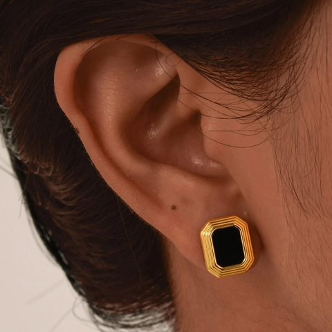 Pendientes Rectangulares Vintage Acero Inoxidable Dorado Ágata Negra Borde Escalonado Geométrico Joyería Retro Mujer