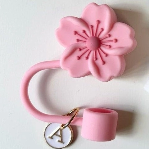 Sakura Cherry Blossom Silicone Straw Topper Dust Proof Cover With Alphabet Charm Metal Chain For Tumbler Cup Accessory