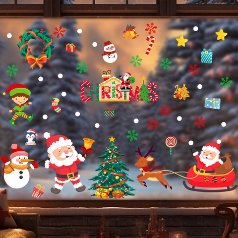 Christmas Window Stickers PVC Static Cling Santa Claus Reindeer Snowman Glass Door Decals Holiday Home Decoration