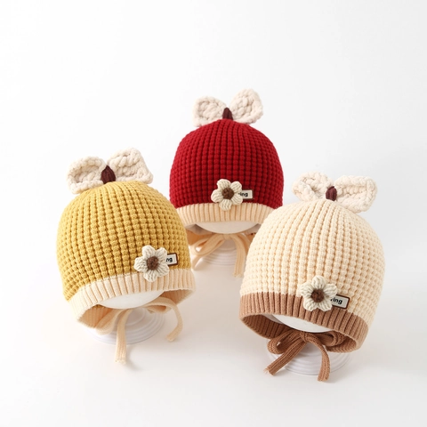 Baby Knitted Beanie Hat Warm Winter Ear Protection Cap With Tie Straps Cute Flower Bow For Toddler Girls