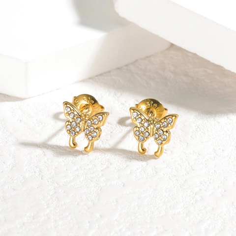 Fashion Butterfly Stud Earrings Gold Plated Stainless Steel Rhinestone Inlaid Jewelry For Women Daily Wearing Minimalist Design